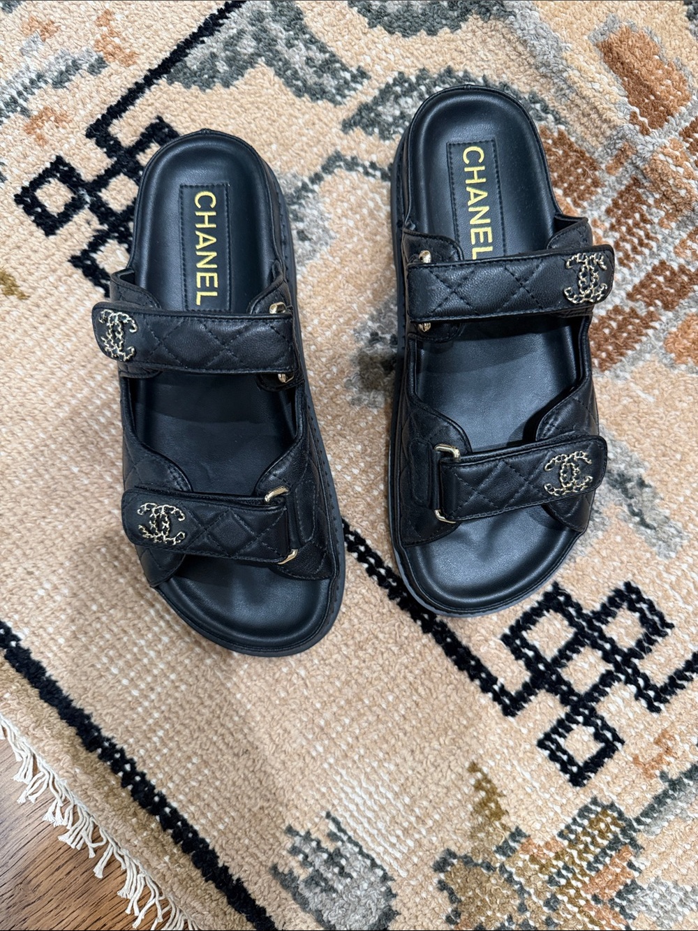 CHANEL Black Quilted Double-Strap Logo Slide Sandals 38 - Picture 2 of 5